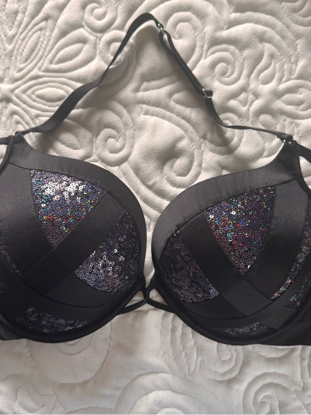 Victoria's Secret Black Sequin Halter Bra with Crisscross Detail